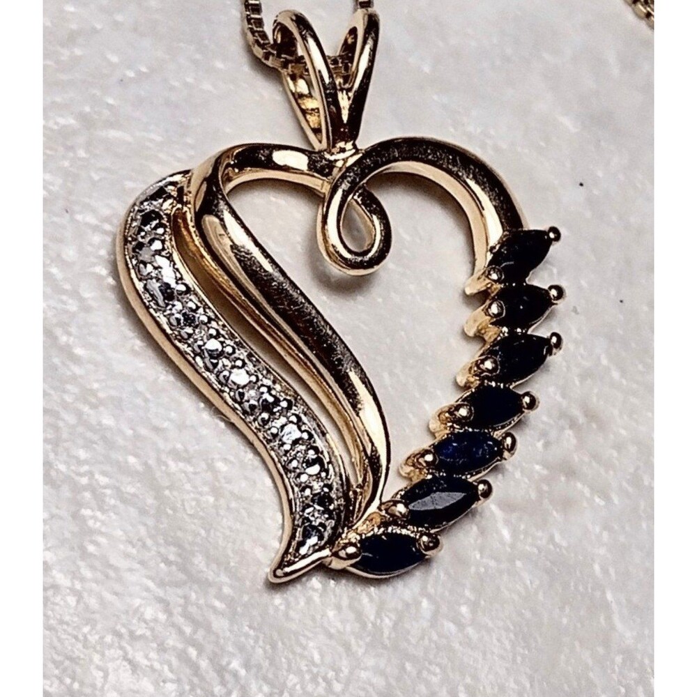 Ross-Simons Sapphire Diamond 18k Gold Sterling Silver Pendant Necklace Heart